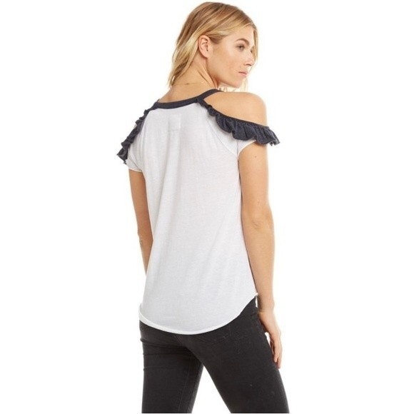 NEW Chaser Jersey Ruffle Open Shoulder Hi Lo Shirttail Tee in Tan Gray Size M - Picture 12 of 13